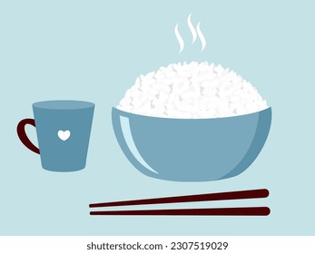 Rice bowl with chopsticks and mug cup on blue background vector illustration. 