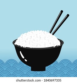 Rice bowl with chopsticks on Asian sea wave pattern, blue background vector illustration. 
