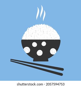 Rice bowl with chopsticks on blue background vector illustration.