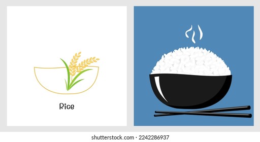 Rice bowl with chopsticks on blue background. rice bowl and rice plant sign logo isolated on white background vector illustration.