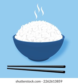 Rice bowl with chopsticks on blue background vector illustration.