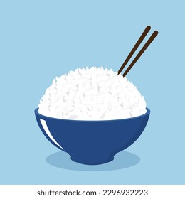 Rice bowl with chopsticks on blue background vector illustration. 