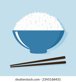 Rice bowl with chopsticks on blue background vector illustration.