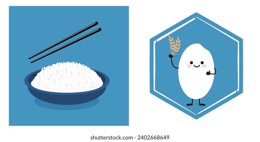 Rice bowl and chopsticks on blue background. Rice cartoon on hexagon sign vector.