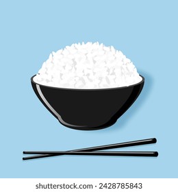 Rice bowl with chopsticks on blue background vector.