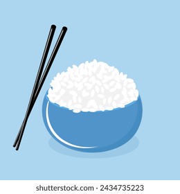 Rice bowl with chopsticks on blue background vector.