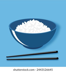 Rice bowl with chopsticks on blue background vector.