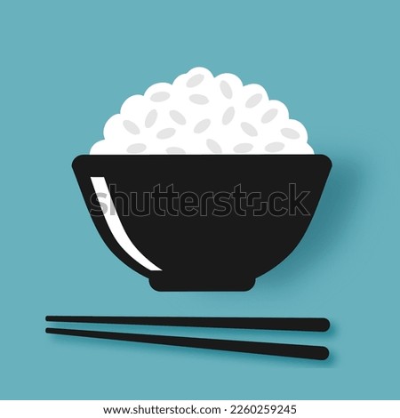 Rice bowl with chopsticks on blue background vector illustration. Cute cartoon food.