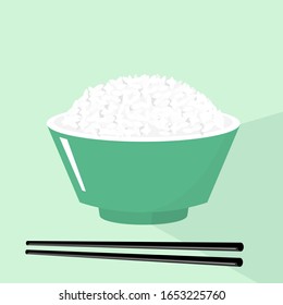 Rice in the bowl and chopsticks on green background vector illustration. Cute cartoon food.