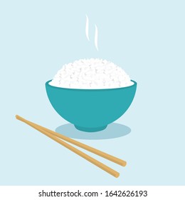 Rice in the bowl and chopsticks on light blue background vector illustration. Cute cartoon food.