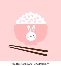 Rice bowl with chopsticks on pink background vector illustration.