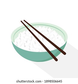 Rice bowl with chopsticks on white background vector illustration. Cute cartoon food.