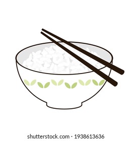 Cubeta de arroz con palillos en la ilustración del vector de fondo blanco. Comida de dibujos animados.