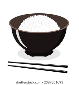 Rice bowl with chopsticks on white background vector.