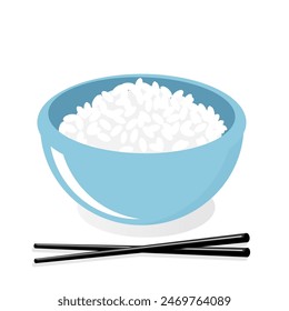 Rice bowl with chopsticks on white background vector.