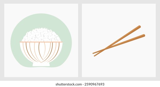 Rice bowl and chopsticks on white background vector.