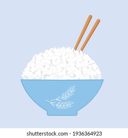 Rice bowl with chopsticks and rice plant icon on white background vector illustration.
