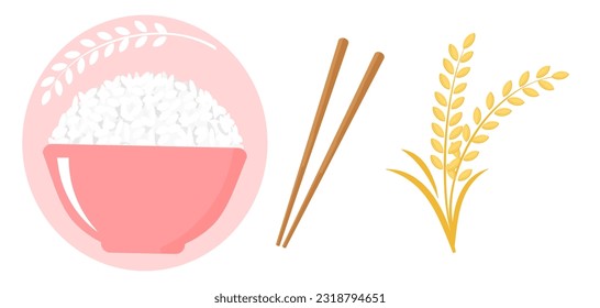 Rice bowl with chopsticks and rice plant icon sign isolated on white background vector illustration.