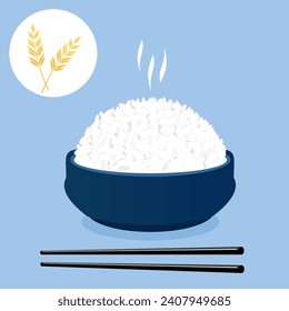 Rice bowl with chopsticks and rice plant on circle sign on blue background vector.