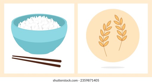 Rice bowl with chopsticks and rice plant sign on white backgrounds vector illustration.