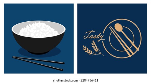 Rice bowl with chopsticks, rice plants, spoon and hand written fonts on blue backgrounds vector illustration.