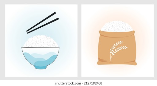 Reisschüssel, Stäbchen und Reissacksymbole einzeln auf weißem Hintergrund, Vektorgrafik. Cute Cartoon Essen.