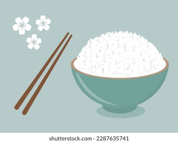 Rice bowl with chopsticks and Sakura flower on green background vector illustration.