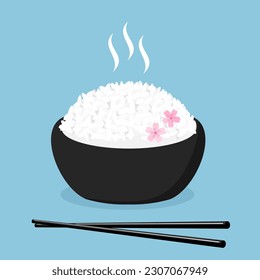 Rice bowl with chopsticks and Sakura flower on blue background vector illustration. Cute cartoon food.