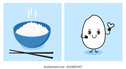 Rice bowl with chopsticks and rice seed cartoon on blue backgrounds vector.