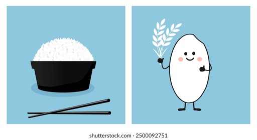 Rice bowl with chopsticks, Rice seed cartoon and rice plant sign on blue backgrounds vector. Cute cartoon food.