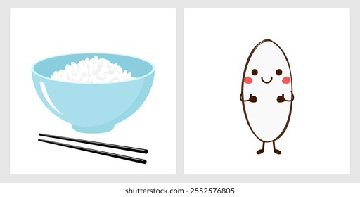 Rice bowl with chopsticks and rice seed cartoon isolated on white backgrounds vector.
