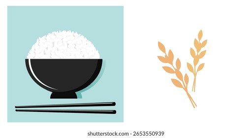 Arroz tigela e pauzinhos assinar sobre fundo de menta azul. Logótipo de sinal de arroz ou trigo isolado no vetor de fundo branco.