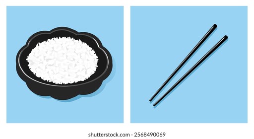 Rice bowl and chopsticks signs on blue background vector.