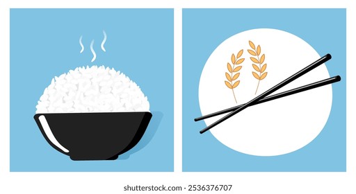 Rice bowl, chopsticks, smoke and rice plant sign on blue backgrounds vector.