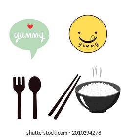 Rice bowl, chopsticks, spoon, fork, bubble speech and yummy face icons isolated on white background vector.