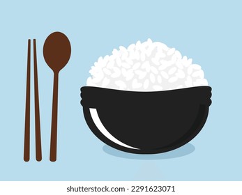 Rice bowl with chopsticks and spoon on blue background vector illustration. 