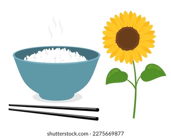 Rice bowl with chopsticks and sunflower on white background vector illustration.