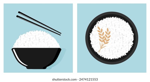 Reisschale mit Stäbchen und Reisschale Oben-Ansicht Symbol Zeichen Vektorgrafik.