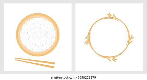Arroz tigela e pauzinhos vista superior e orelha de forma de círculo de arroz isolado no vetor de fundo branco.