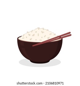 Rice in the bowl and chopsticks. Vector stock of cooked rice in a ceramic bowl. Japanese rice.