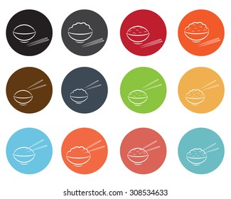  Rice Bowl circle icon with chopsticks in line art style. vector illustration.