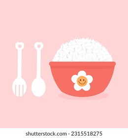Rice bowl with cute flower, spoon and fork icon set on pink background vector illustration. 
