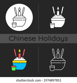 Rice bowl dark theme icon. Chinese funeral tradition. Upright sticking chopsticks. Tsukitate-bashi. Ceremony. Linear white, simple glyph and RGB color styles. Isolated vector illustrations