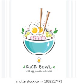 Rice bowl with egg, avocado and radish. Healthy food design template. Illustration with chopstick and poke bowl with rice