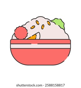 Rice Bowl, Flat Design. A bowl of rice with vegetables and protein, ideal for representing Asian cuisine or meal illustrations in restaurant and food-related designs.