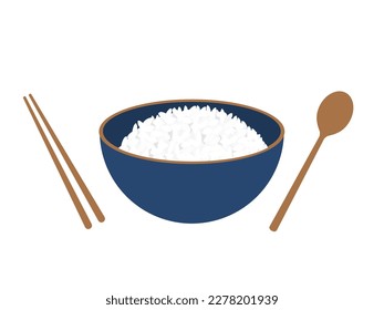 Cuenco de arroz con palillos dorados y signo de icono de cuchara aislado en la ilustración del vector de fondo blanco.