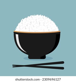 Rice bowl with a gold rim and chopsticks on blue background vector illustration.