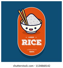 Rice Bowl With Happy Smiling Face Vector Illustration Badge or Sticker in Flat Style Design