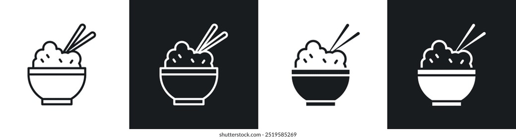 Rice bowl icon collection in black and white filled and stroke line style.