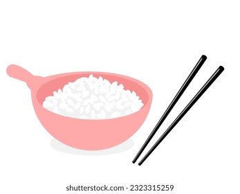 Rice bowl icon sign and chopsticks on white background vector illustration. Cute cartoon food.
